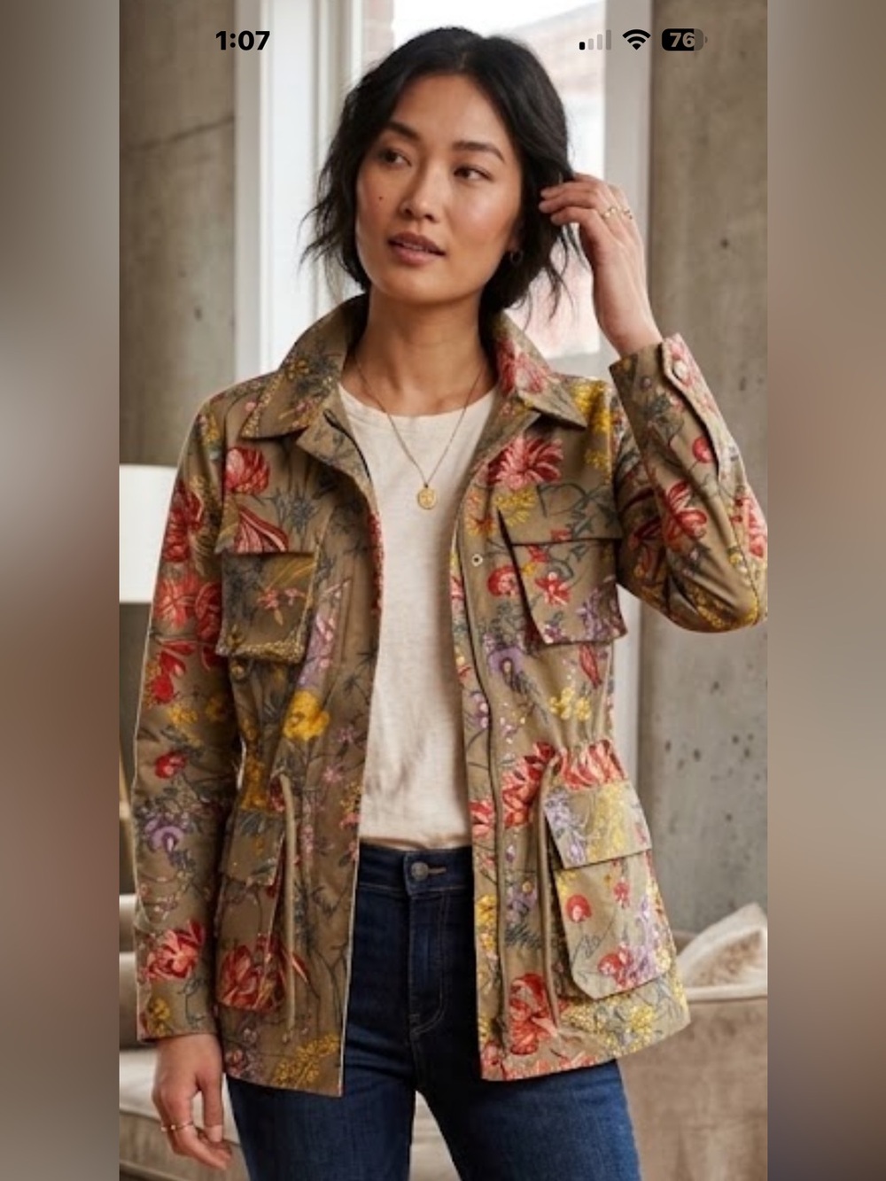 H&M Taupe Utility Jacket with Multicolor Floral Print